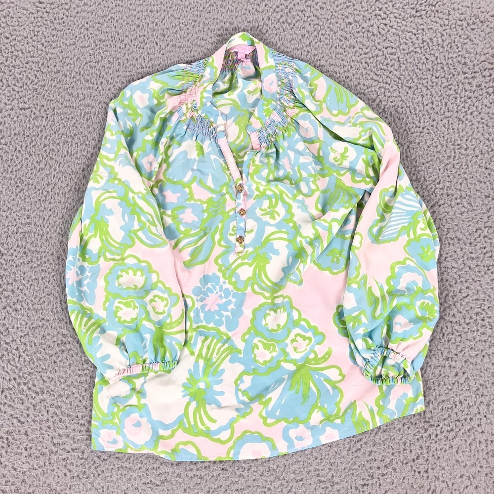 Lilly Pulitzer Silk Tunic Blouse Womens Small Multicolor Floral Smocked‎ V Neck